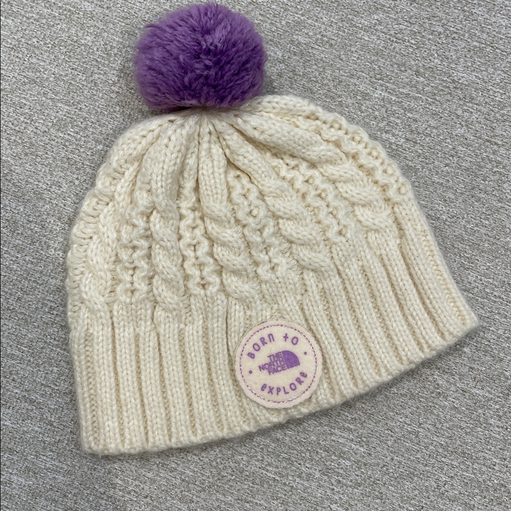 6-9m The North Face Cream Knit Hat with Purple Pom